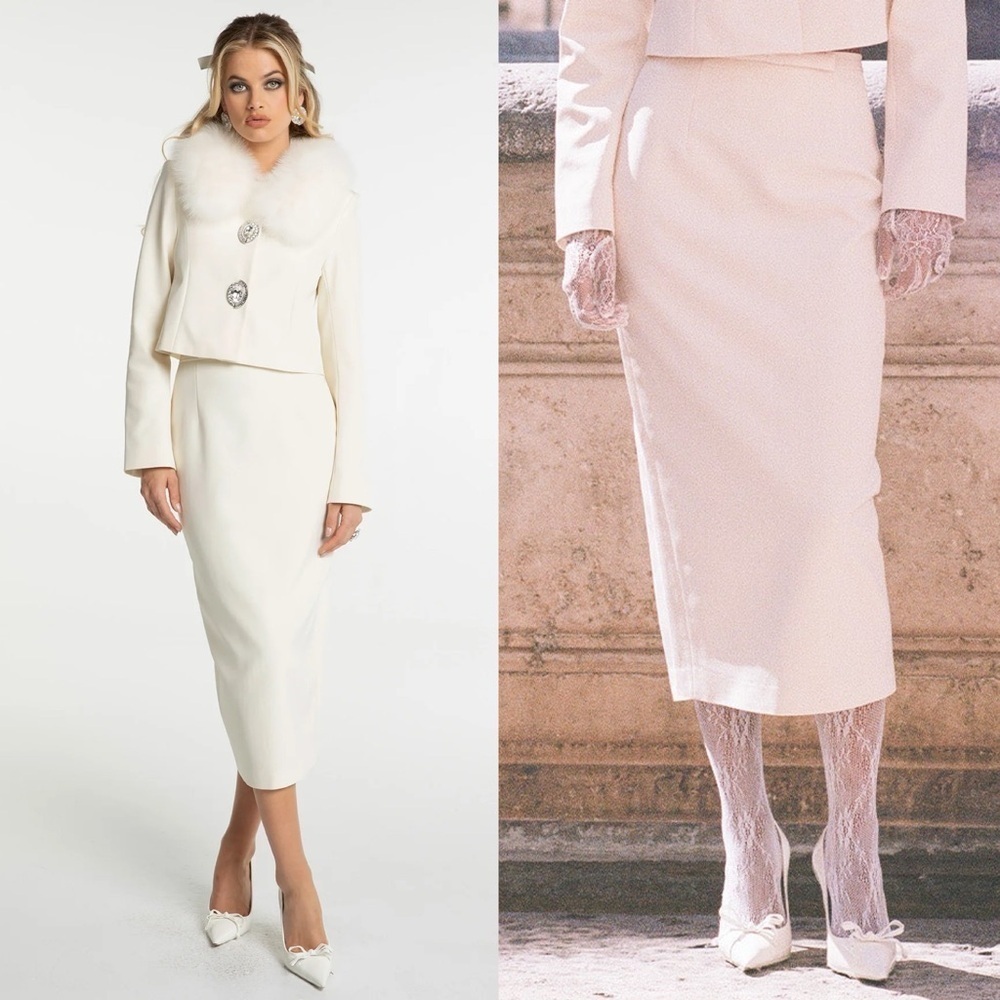 Nana Jacquline- Claira Skirt Pencil Off White Midi Bow Detail Size Medium